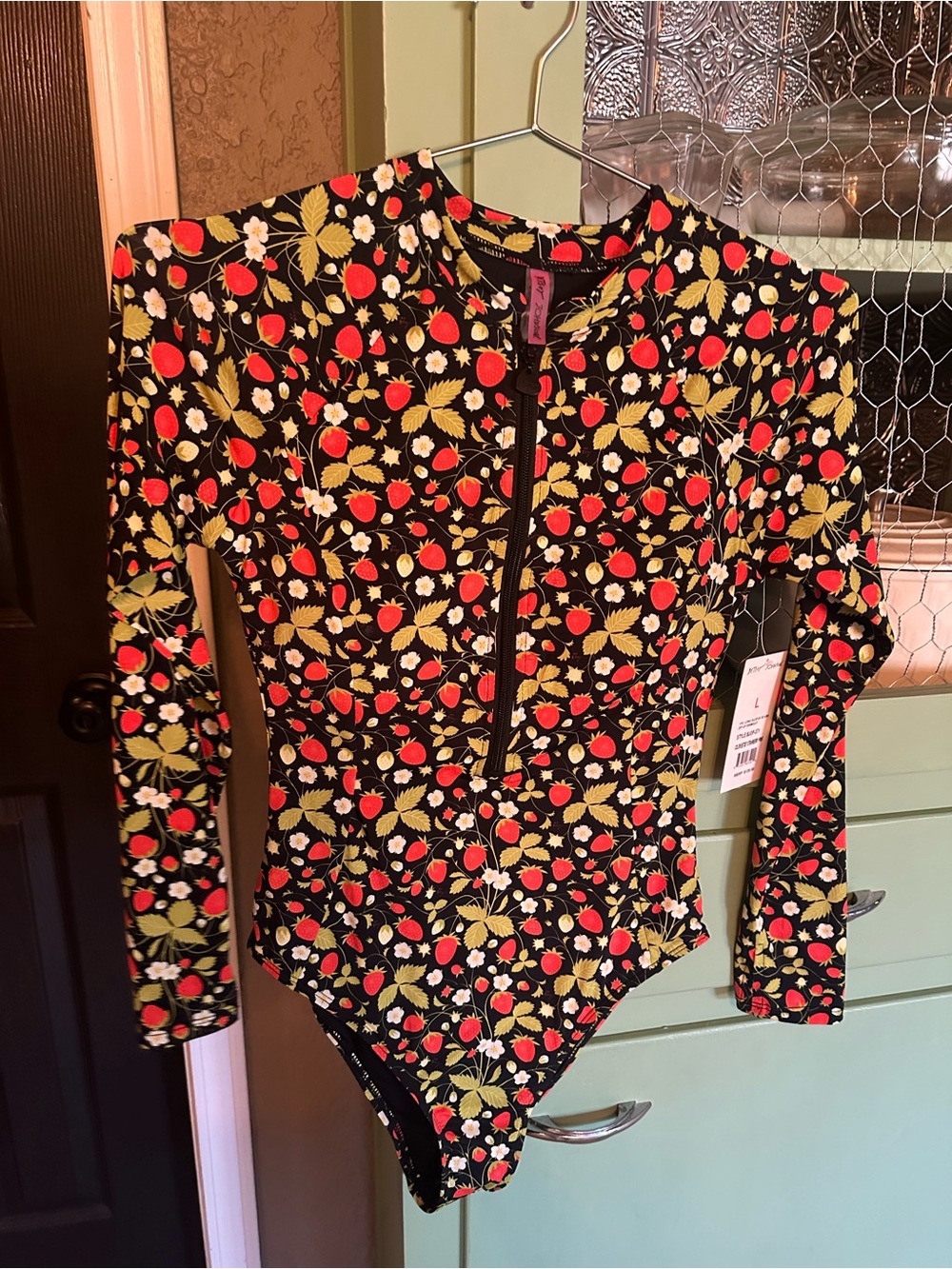 Black Long Sleeve Strawberry Print Zip-Front Bodysuit